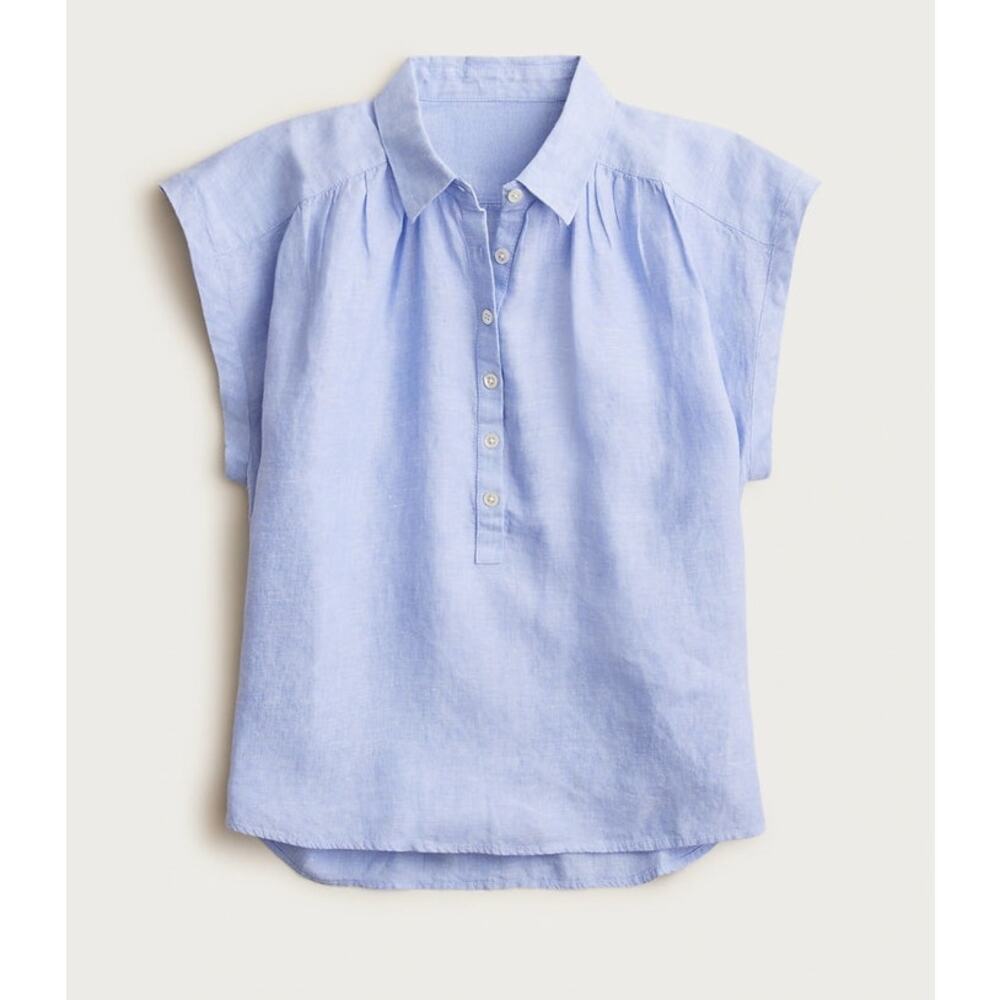 J. Crew Light Blue Cap-Sleeve Linen Popover Blouse